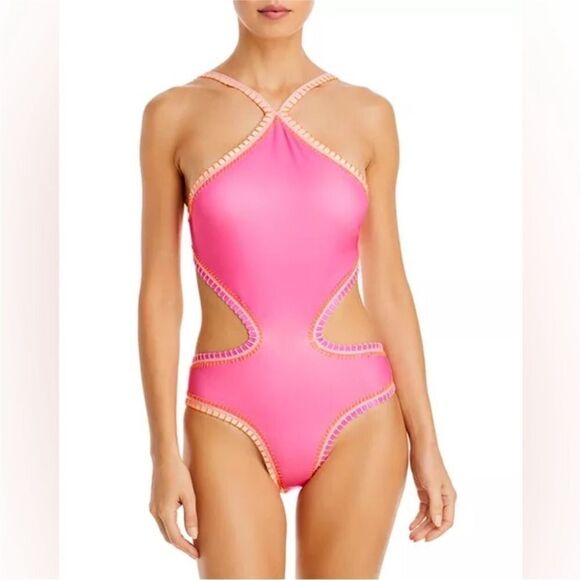 PQ Swim NWT Crochet Trim Halter Neck One Piece Swimsuit in Pink/Orange Size M - Picture 1 of 13